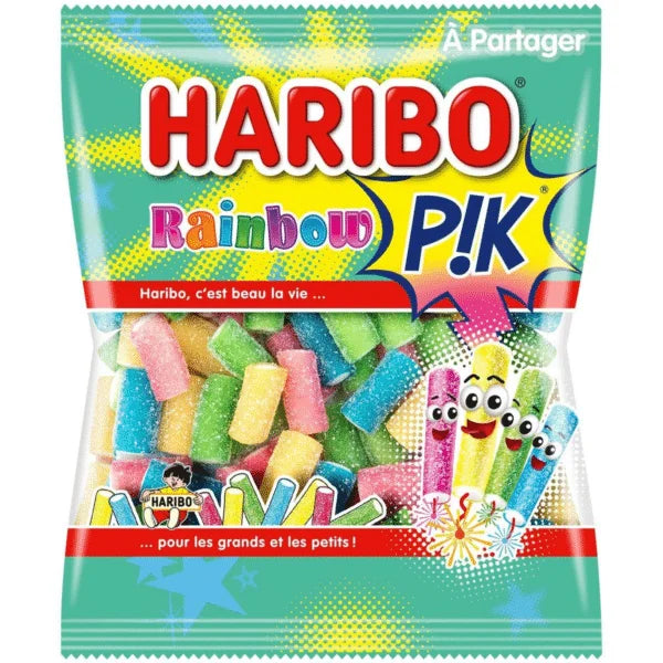 A vibrant 200g bag of Twice as Sweet Haribo Rainbow Pik (France) features fruity rainbow gummies, playful cartoon sweets on the packaging, French text, and a burst of colorful designs.