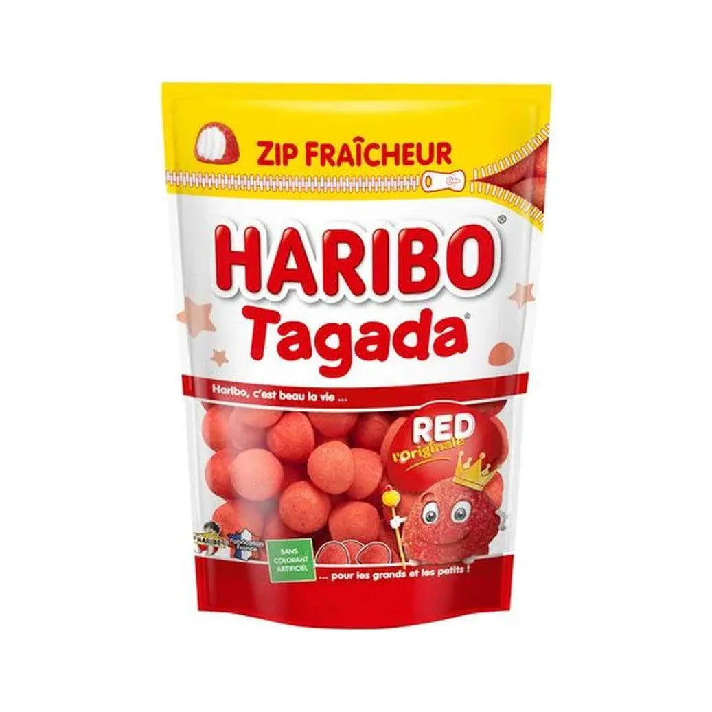 Twice as Sweet Haribo Tagada 220g (France) features strawberry gummies in zip-closure packs with red, yellow, and white designs and a crowned cartoon strawberry on the packaging.