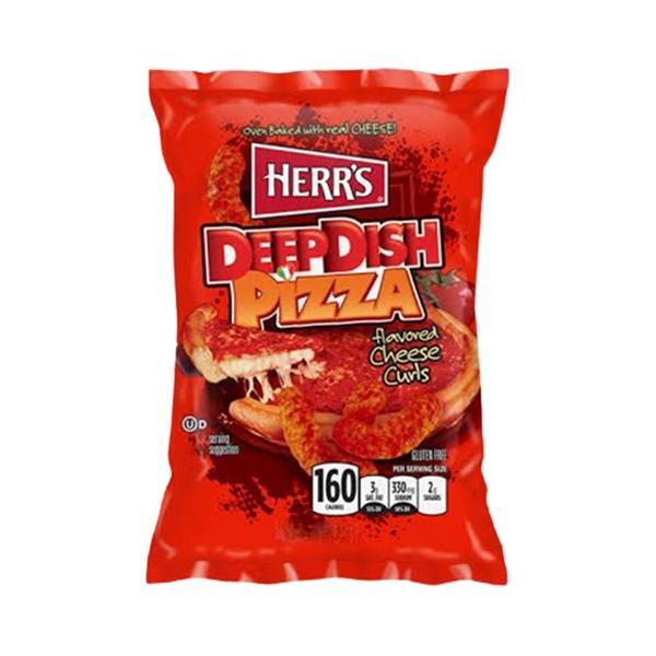 A 198g bag of Twice as Sweet Herr's Deep Dish Pizza Cheese Curls (USA) features pizza cheese curls in red packaging with cheesy pizza slice imagery, branding, and nutritional info.