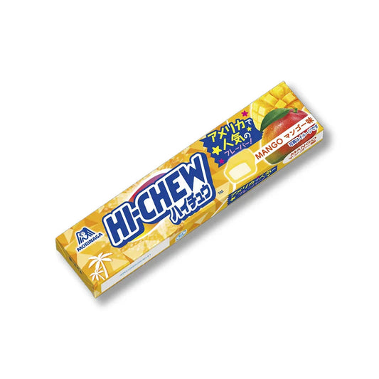 A yellow 55.2g pack of Morinaga Hi-Chew Mango from Twice as Sweet (Japan) features Japanese text, a mango image, and the Morinaga logo—ideal for fans of tropical candy.