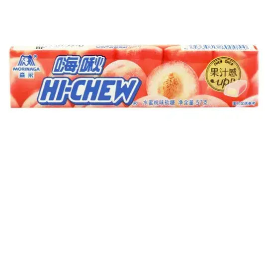 Morinaga Hi-Chew Soft Peach 58g (Japan) by Twice as Sweet is a popular Japanese candy, wrapped in blue and white packaging with peach images.