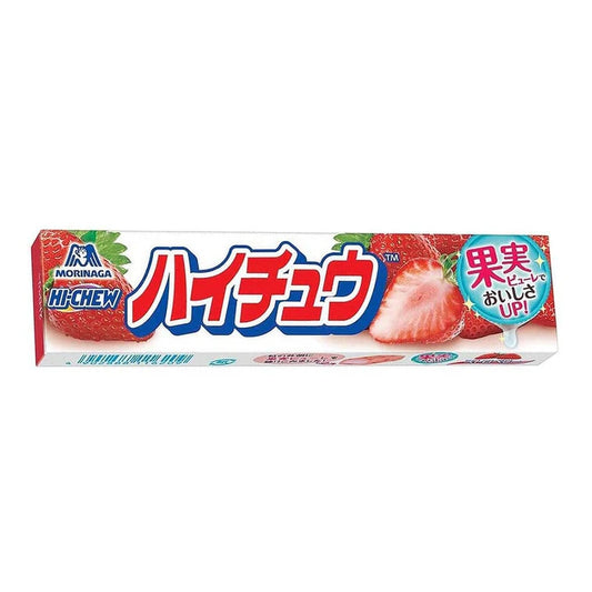 Enjoy Morinaga Hi-Chew Strawberry 55.2g (Japan) from Twice as Sweet, featuring vibrant Japanese packaging with bright red strawberries and a sliced strawberry image—a tasty treat for Japanese candy lovers.