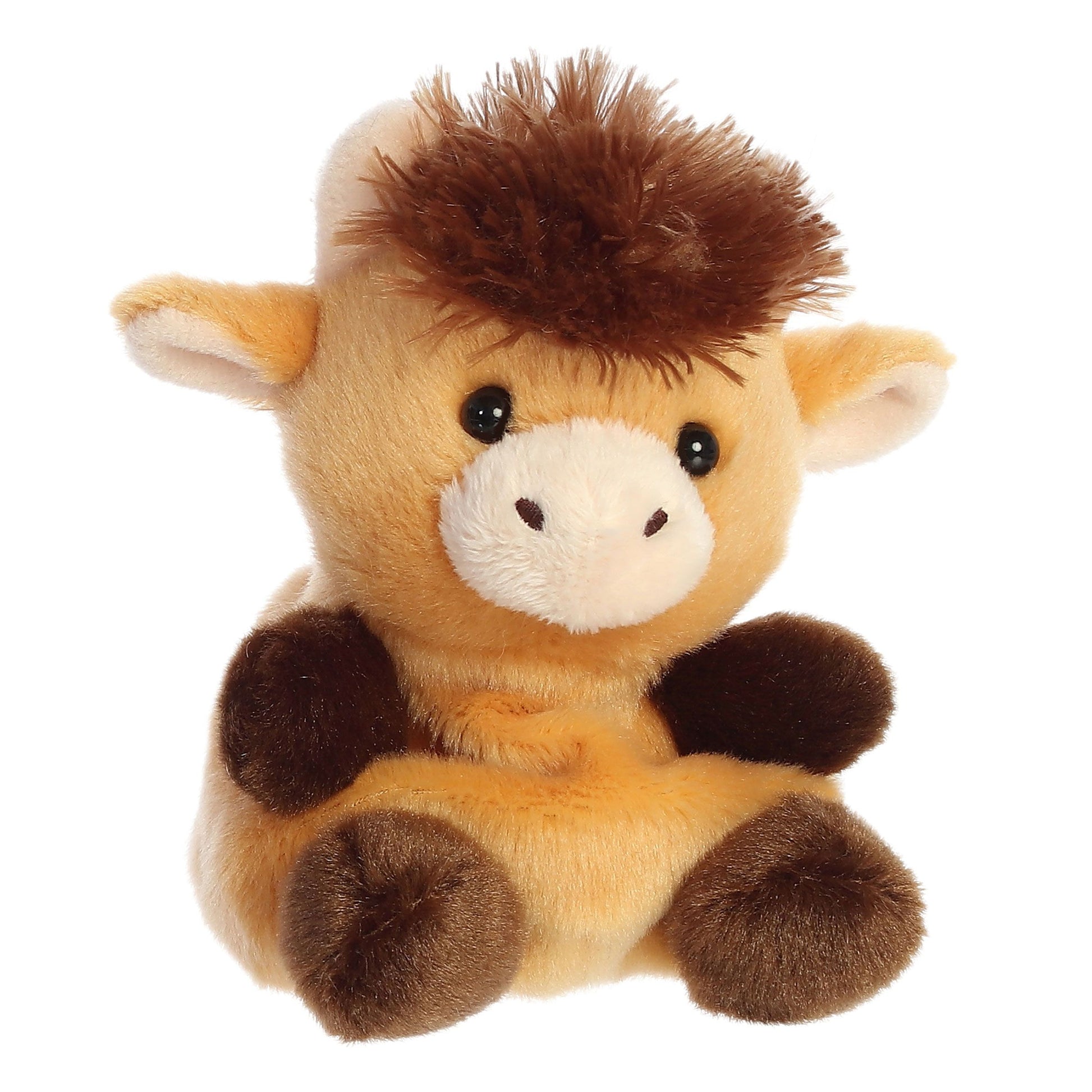 Meet the Palm Pal Hubert Highland Cow by Twice as Sweet, featuring soft light and dark brown fur, a fluffy tuft, big black eyes, and a cute snout. This adorable plush sits upright—perfect for cuddles!.