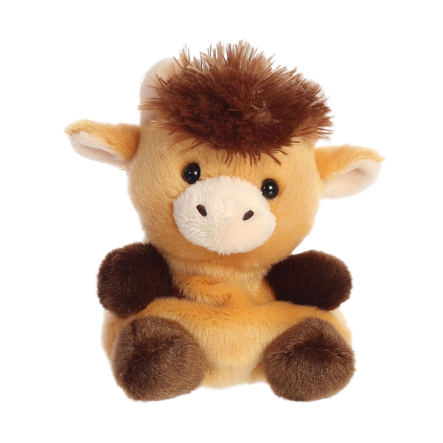 Meet the Palm Pal Hubert Highland Cow by Twice as Sweet—a plush toy with light brown fur, darker brown feet and hair tuft, white ears, and a cream-colored snout. This adorable pal sits upright and faces forward.