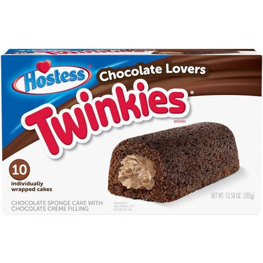 A box of Twice as Sweet Hostess Chocolate Twinkies (USA) features 10 individually wrapped chocolate sponge cakes with rich chocolate creme filling—a classic treat for any time.