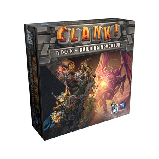Board game box for 'Clank! A Deck-Building Adventure' on a white background