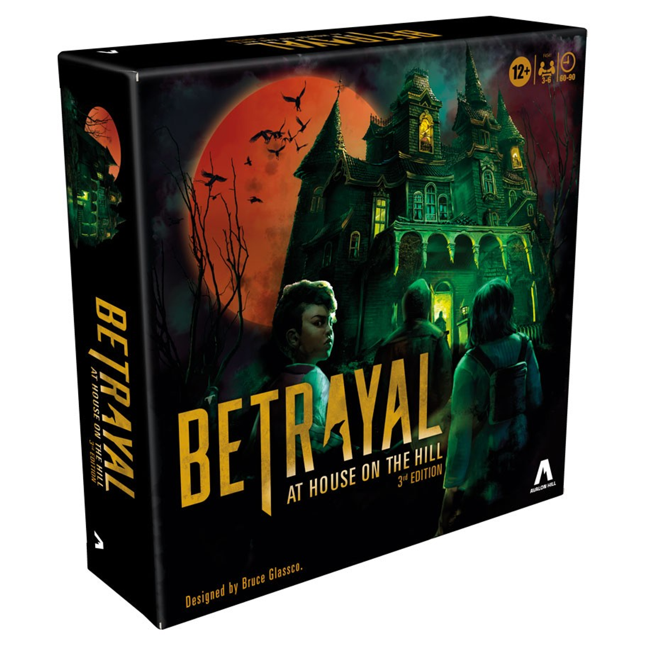 Front view board game box for 'Betrayal at House on the Hill' with a spooky house and moon design.