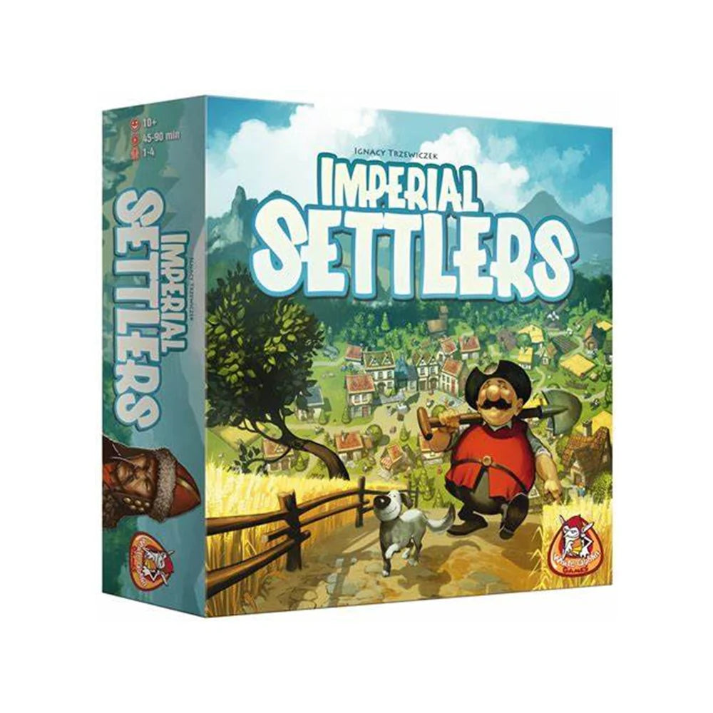 Front view board game box for 'Imperial Settlers' with a cartoon character and scenic village illustration.