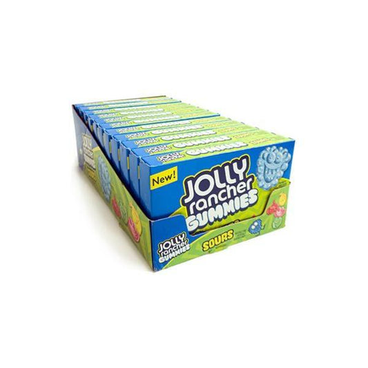 Enjoy the Twice as Sweet Jolly Rancher Sour Gummies Theatre Box 99g (USA), featuring vibrant packaging and cartoon candies with bold “New!” and “Sours” labels—the perfect way to savor your favorite sour gummies.