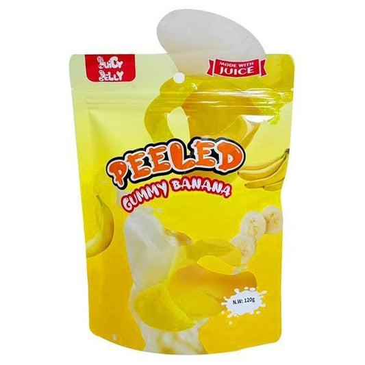 A yellow resealable pouch of Twice as Sweet Juicy Jelly Peeled Gummy Banana 120g (China) shows banana slices and gummies, with “Made with Juice” and “Juicy Jelly” highlighted on the front.