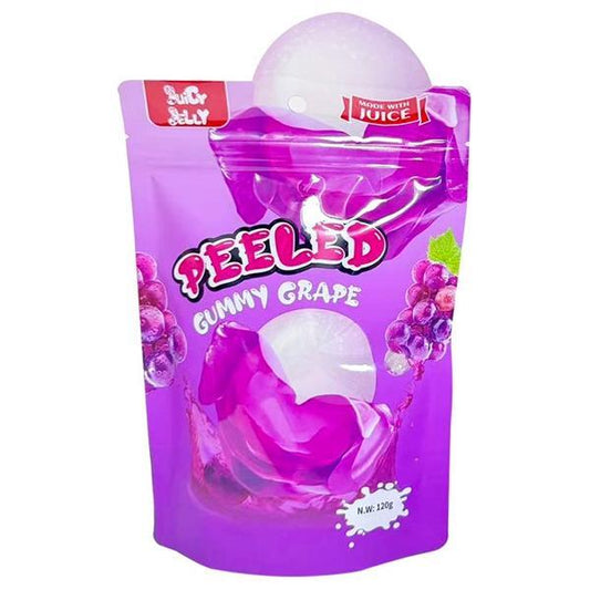 A purple resealable bag labeled Twice as Sweet Juicy Jelly Peeled Gummy Grape 120g (China) features peeled grape gummies, grape clusters, a “Made with Juice” claim, and a juicy jelly texture.