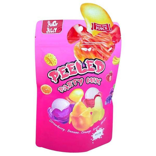 A bright pink pouch of Twice as Sweet Juicy Jelly Peeled Gummy Party Mix 120g (China) displays fruit images and features chewy gummies in yellow, purple, white, and orange with strawberry, banana, orange, and grape flavors.