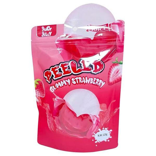 A pink package labeled Juicy Jelly Peeled Gummy Strawberry 120g (China) by Twice as Sweet features images of gummy strawberries and peeled gummies with vibrant pink splashes, highlighting its juicy, fruity candy flavor.