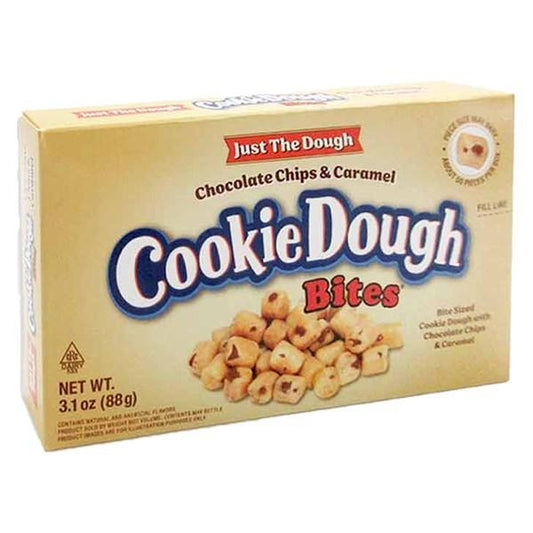 A yellow box of Twice as Sweet Just The Dough Cookie Dough Bites 88g (USA) features images of ready-to-eat cookie dough on the front, bold branding, and a classic American flavor with chocolate chips and caramel. Net weight: 3.1 oz (88g).