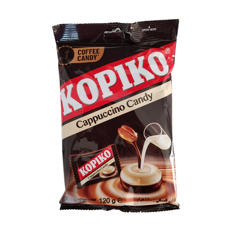 A 175g bag of Twice as Sweet Kopiko Cappuccino Candy (Indonesia), original coffee candy with a coffee bean, milk swirl, candy image, and bold red and white KOPIKO branding on the front.