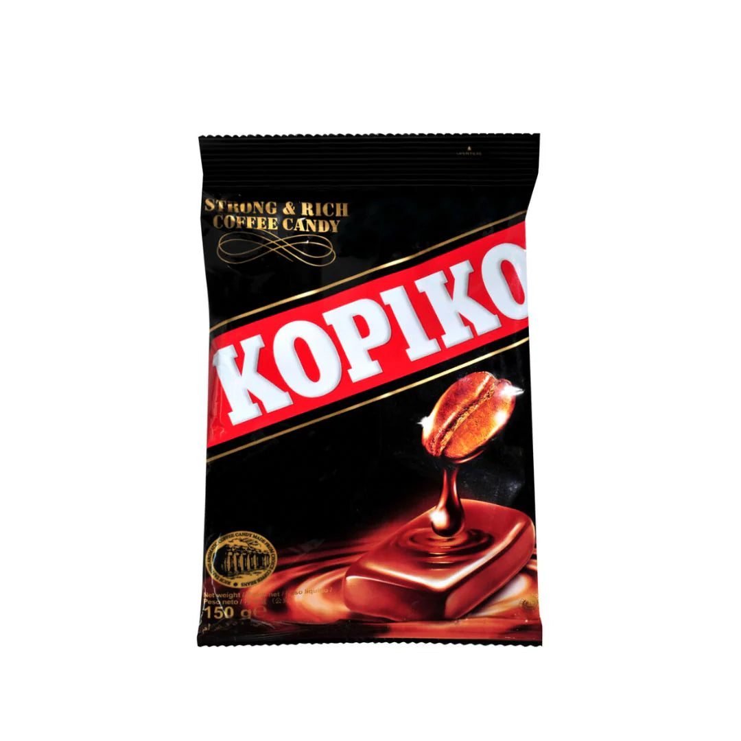 A 175g black bag of Twice as Sweet Kopiko Coffee Candy (Indonesia) features the bold KOPIKO logo, a coffee bean pouring liquid onto a candy, and "Strong & Rich Coffee Candy"—a classic Indonesian treat.