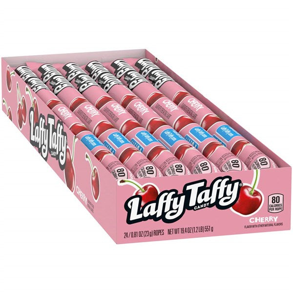 Enjoy a box of Laffy Taffy Rope Cherry 23g (USA) by Twice as Sweet, featuring bright pink packaging and 24 individually wrapped chewy taffy ropes—perfect for a sweet snack anytime.