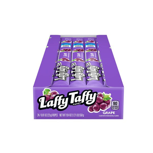 Twice as Sweet Laffy Taffy Rope Grape 23g (USA), box of 24 individually wrapped purple ropes. Each wrapper has grape images, the Laffy Taffy logo, and each rope contains 90 calories.