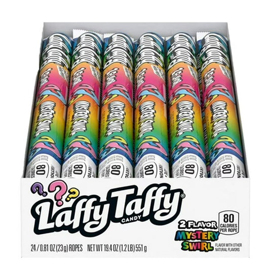 Twice as Sweet Laffy Taffy Rope Mystery Swirl 23g (USA) comes in colorful, rainbow swirl packs with question marks. Each box includes 24 individually wrapped Mystery Swirl ropes.