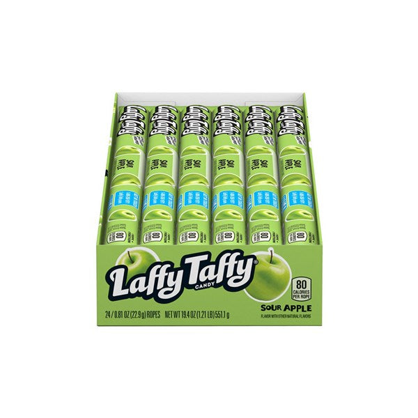 A box of Twice as Sweet Laffy Taffy Rope Sour Apple 23g (USA) includes 24 individually wrapped green packages with apple graphics and the Laffy Taffy logo—ideal for classic American candy lovers.