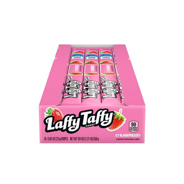 A pink box of Twice as Sweet’s Laffy Taffy Rope Strawberry 23g (USA) holds 24 individually wrapped strawberry ropes, featuring playful fruit images and the classic Laffy Taffy branding.