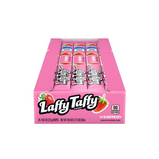 A pink box of Twice as Sweet’s Laffy Taffy Rope Strawberry 23g (USA) holds 24 individually wrapped strawberry ropes, featuring playful fruit images and the classic Laffy Taffy branding.
