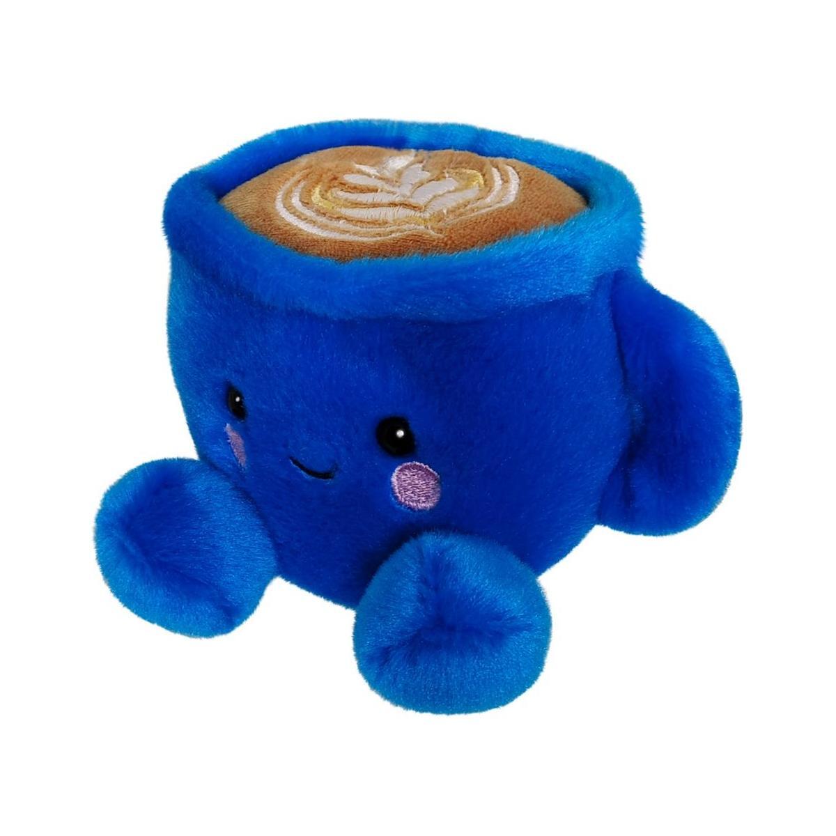 Meet Palm Pal Letti Latte from Twice as Sweet—a plush blue coffee mug with a smiling face, round cheeks, latte art design, soft handles and feet, displayed on a white background.