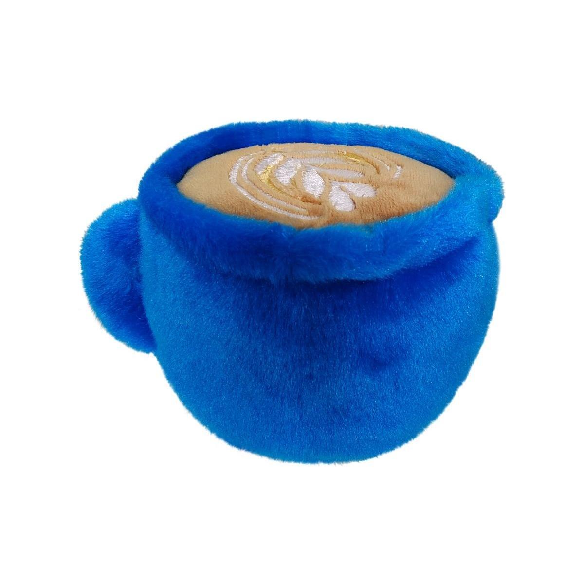 Meet Palm Pal Letti Latte from Twice as Sweet—a plush blue coffee mug with a handle, tan-colored coffee, and white latte art embroidery, part of the Palm Pals Café collection.