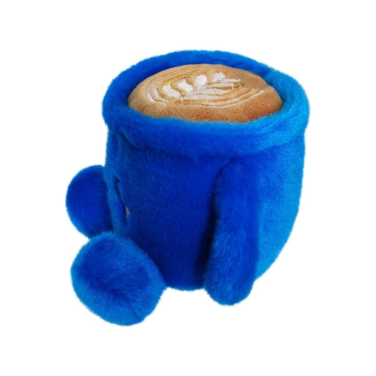 The Palm Pal Letti Latte by Twice as Sweet is a plush coffee mug toy shaped like a blue cup with latte art, round arms and legs, from the Palm Pals Café collection, shown on a white background.