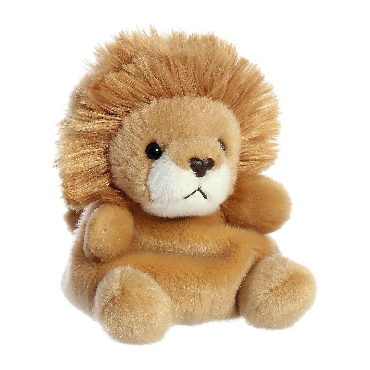 The Twice as Sweet Palm Pal Leno Lion is a soft, plush toy with a fluffy mane, round black eyes, and a small embroidered mouth—perfect for any zoo party theme.