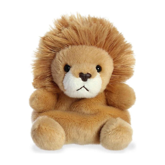 Palm Pal Leno Lion by Twice as Sweet is a plush lion with a fluffy mane, round black eyes, and a small black nose, sitting upright on a white background—perfect for any zoo party theme.