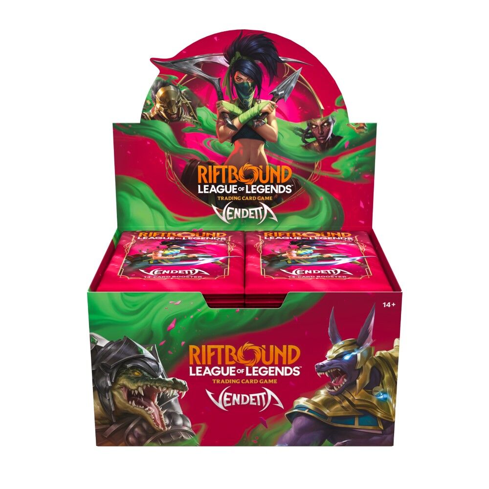 Riftbound League of Legends Vendetta trading card game box featuring characters from 'League of Legends' with vibrant colors and dynamic poses.