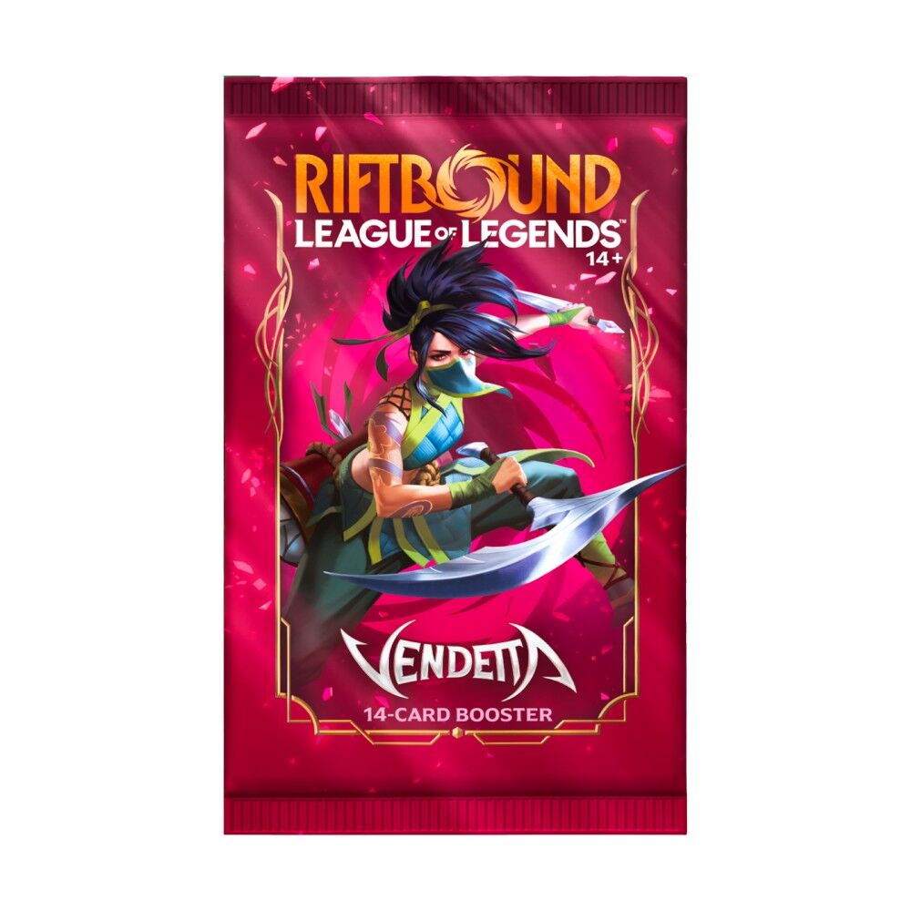 Riftbound League of Legends Vendetta card booster pack with character illustration on a pink background
