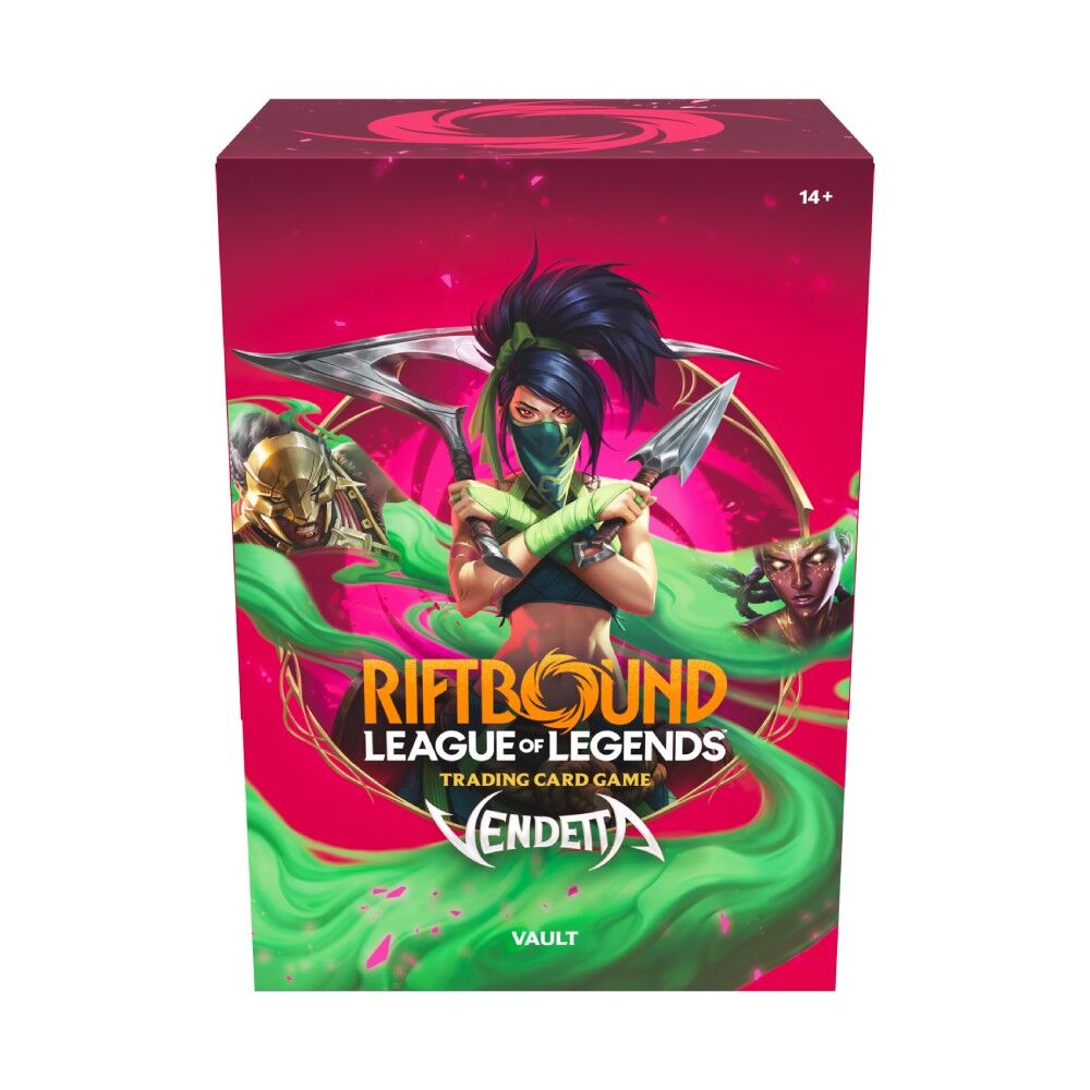 Riftbound League of Legends trading card game box for Vendetta Vault with character artwork on a pink and green background