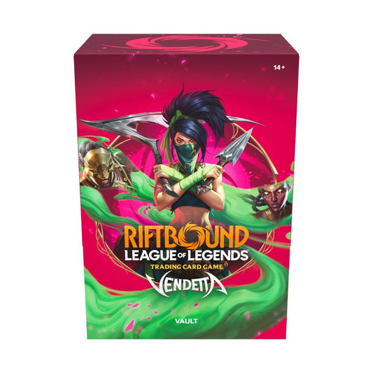 Riftbound League of Legends trading card game box for Vendetta Vault with character artwork on a pink and green background