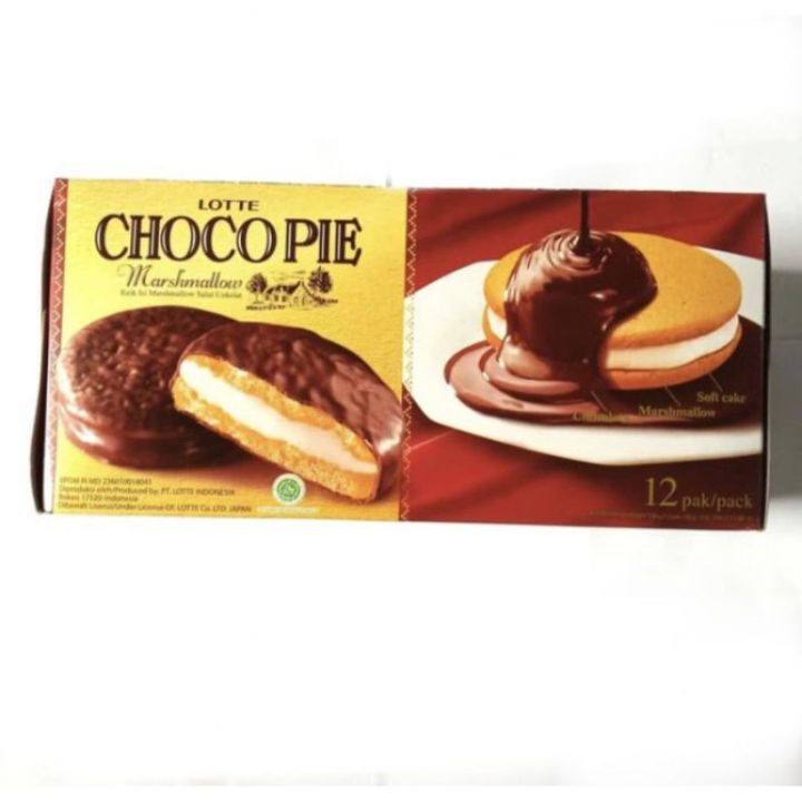 A box of Twice as Sweet Lotte Choco Pie (Indonesia), chocolate-coated marshmallow cakes shown with rich filling and cakes drizzled in luscious chocolate sauce, highlighting these irresistible Indonesian treats.