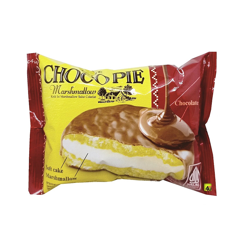A Twice as Sweet Lotte Choco Pie (Indonesia) in yellow and red packaging shows a chocolate marshmallow cake, with text “Choco Pie Marshmallow” and “Soft Cake Marshmallow Chocolate,” a beloved Indonesian snack.