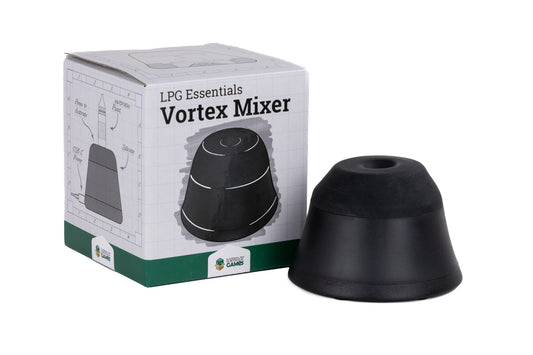 Black vortex mixer with LPG Essentials Vortex Mixer packaging on a white background for mixing paints