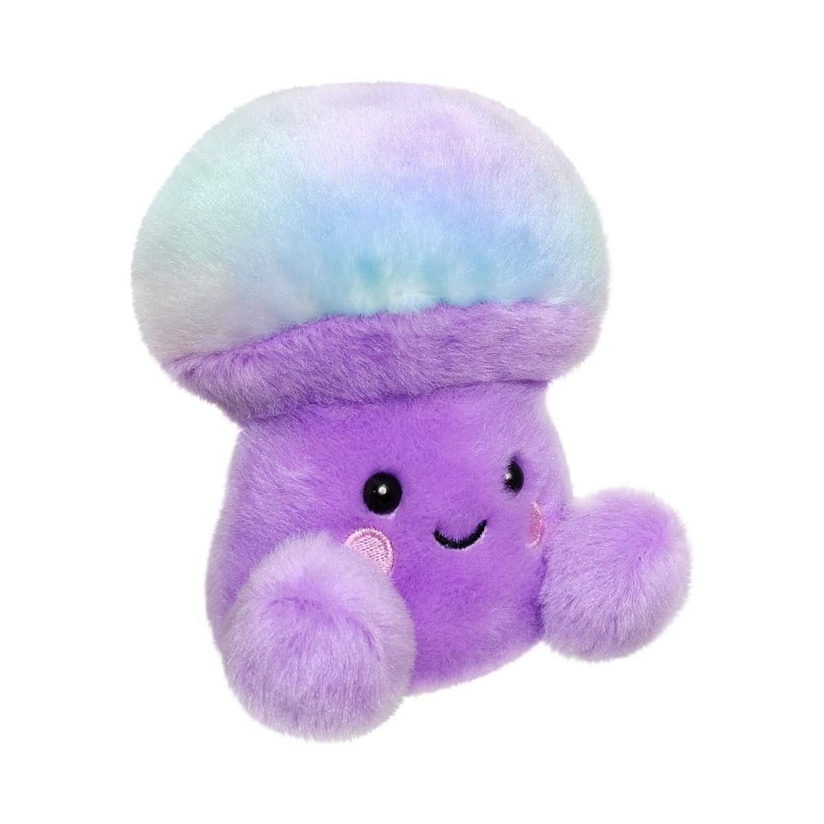 The Twice as Sweet Palm Pal Lunette Mushroom is a whimsical plush toy shaped like a cute purple mushroom with a fluffy pastel blue and white cap, round black eyes, smiling mouth, and pink cheeks—perfect for any plush collection!.