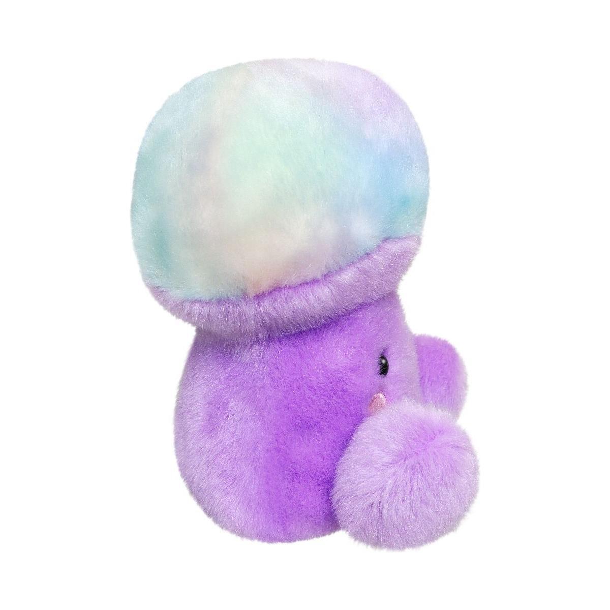 The Twice as Sweet Palm Pal Lunette Mushroom is a whimsical plush toy with a pastel-colored, round head and small black eyes, designed to sit upright on a white background.