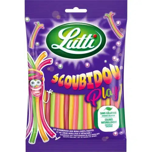 Lutti Scoubidou Play 180g (France) by Twice as Sweet: a colorful bag of fruity rope candy with fruit-flavored sticks and a playful cartoon mascot on a purple, bubble-filled background topped with the Lutti logo.