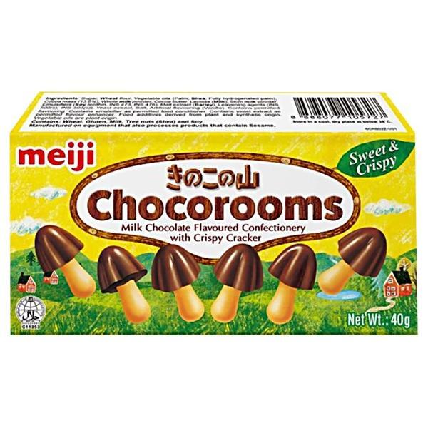 A yellow box of Twice as Sweet Meiji Chocoroom 40g (Japan)—milk chocolate-flavoured, mushroom-shaped biscuits with crispy cracker. Packaging reads Sweet & Crispy. Net wt: 40g.