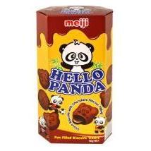 A yellow and brown hexagonal box of Twice as Sweet Meiji Hello Panda Double Chocolate Biscuits 43g (Singapore) features cartoon pandas, chocolate-filled biscuits with panda designs, and the text HELLO PANDA and Fun Filled Biscuits Treats.