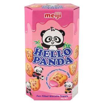 A pink box of Meiji Hello Panda Strawberry Biscuits 43g (Singapore) by Twice as Sweet, featuring cartoon panda designs on strawberry-filled biscuits, with text reading Hello Panda and Fun Filled Biscuits Treats.