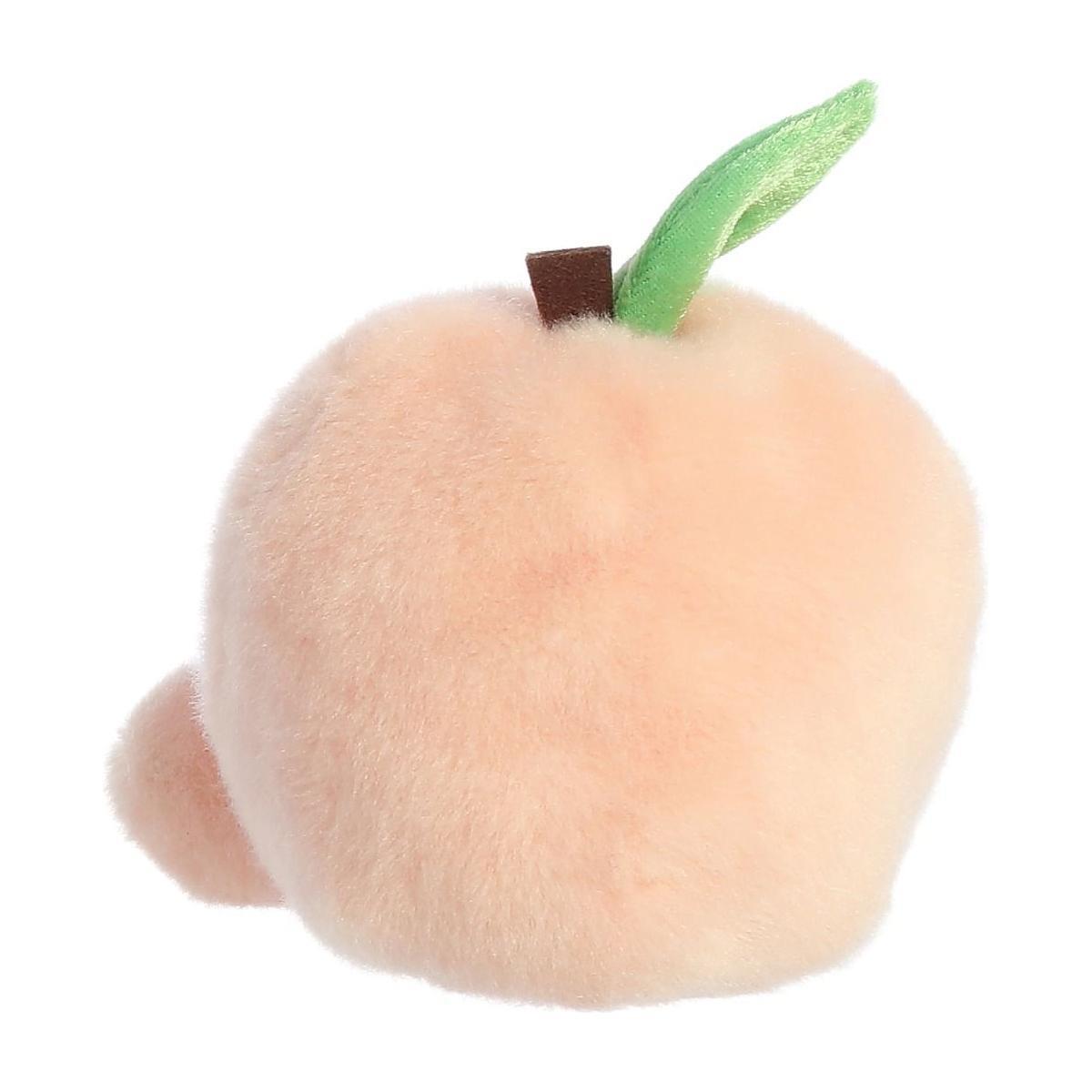 The Twice as Sweet Palm Pal Mellow Peach plush features soft pale pink fabric, a brown stem, and a green leaf on top—perfect for cuddling or relaxing.