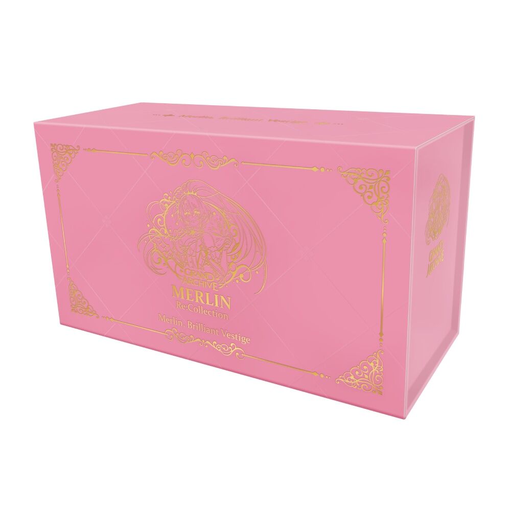 Pink box with gold accents and 'Grand Archive Merlin Re:Collection Brilliant Vestige' branding on a white background fro the TCG Grand Archive