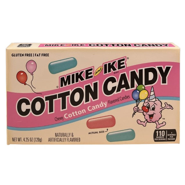 Mike and Ike Cotton Candy 120g (USA) by Twice as Sweet features pink and blue cotton candy-flavored chewy candies in a colorful box with a cartoon mascot holding balloons, plus bold text on a pink and cream background.
