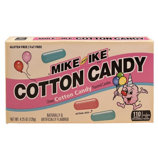 Mike and Ike Cotton Candy 120g (USA) by Twice as Sweet features pink and blue cotton candy-flavored chewy candies in a colorful box with a cartoon mascot holding balloons, plus bold text on a pink and cream background.