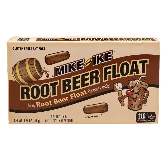Twice as Sweet Mike and Ike Root Beer Float 120g (USA) features chewy candies in a tan box with barrel, candy pieces, and root beer float glass graphics. Labeled gluten free and fat free for a nostalgic treat.
