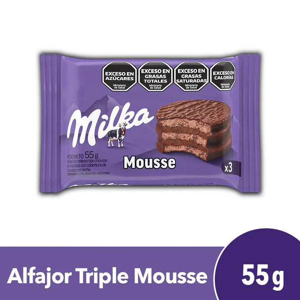 The Twice as Sweet Milka Chocolate Mousse Alfajor 55g (Argentina) comes in a purple wrapper and features nutrition warnings for excess sugars, total fat, saturated fat, and calories.